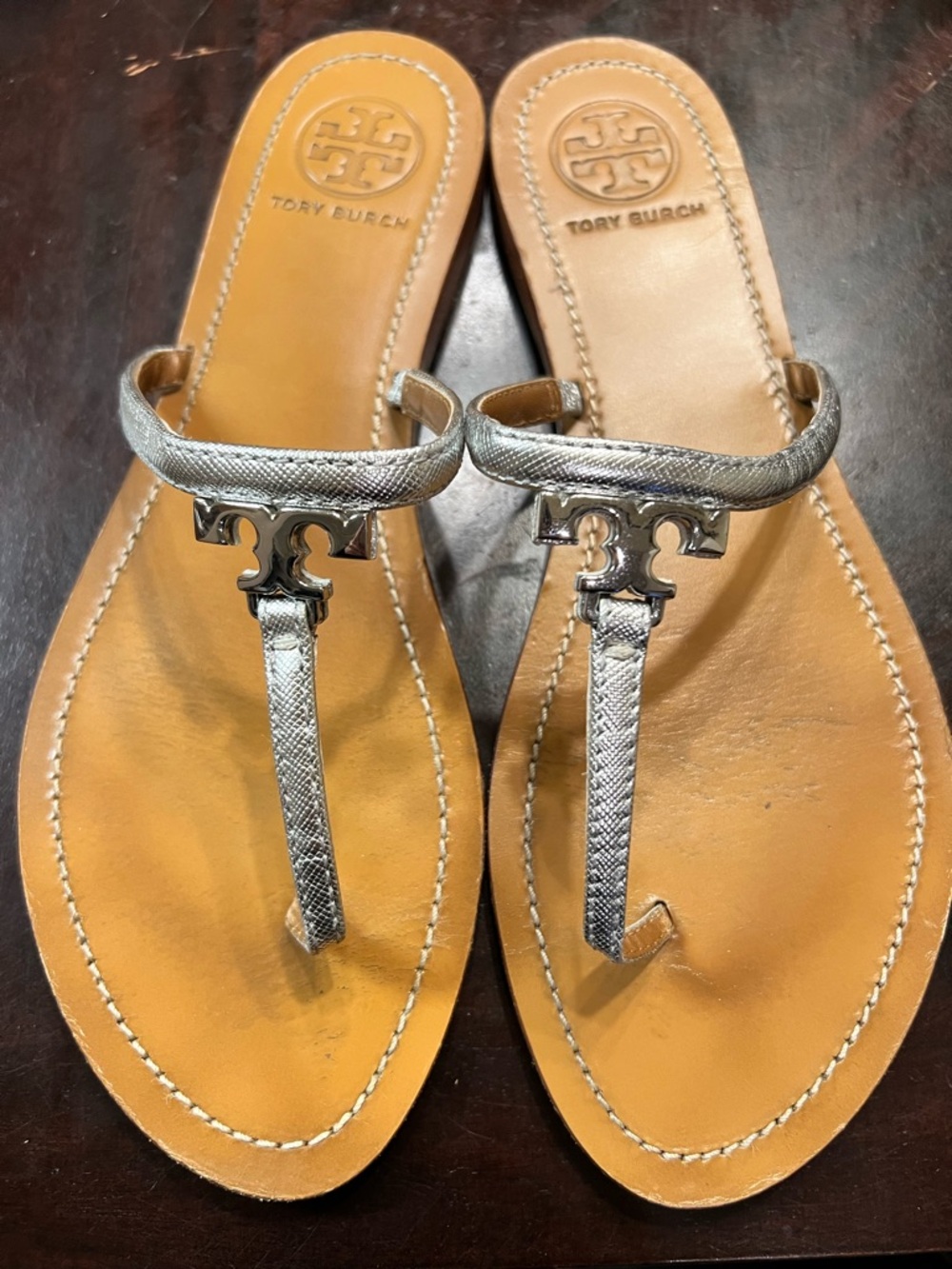 Tory Burch Metallic Silver Logo Thong Sandals with Tan Footbed